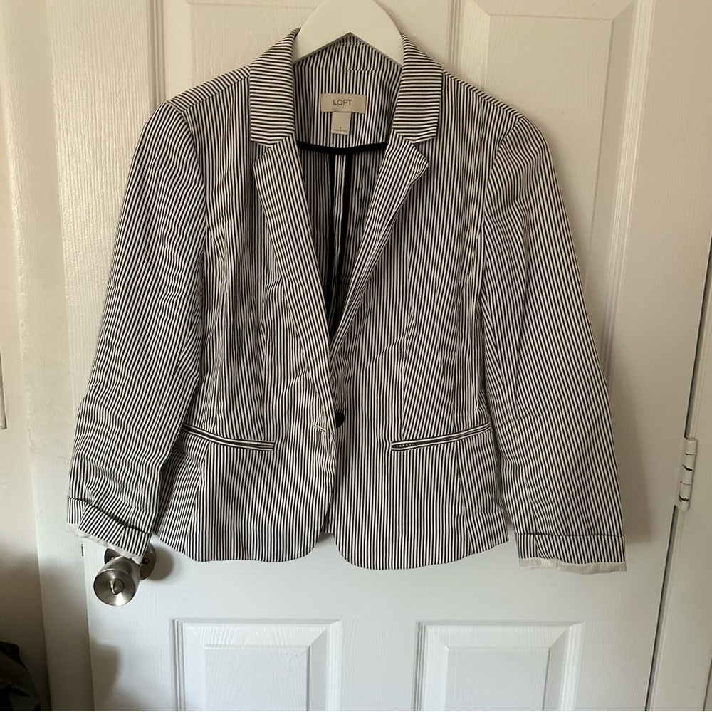 Navy Blue and White Striped Blazer